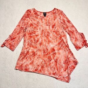 Clara Sun Woo Tunic‎ Top Palm Branch Light Knit Flutter Cuff Asymmetrical Small